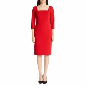 The Limited Women's Large Sheath Dress Red Midi 3/4 Sleeves Scallop Neckline